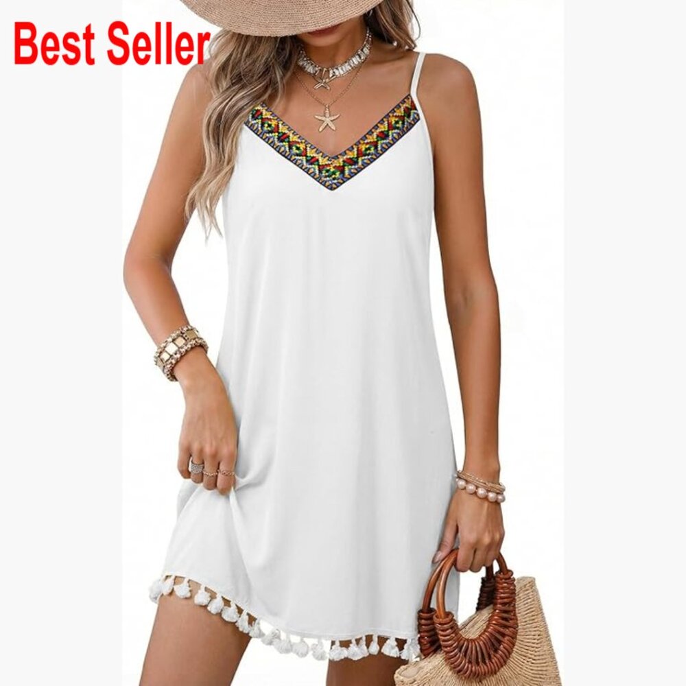 Polyester V-Neck Spaghetti Strap Embroidered Sund… - image 1